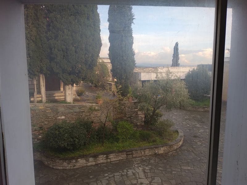Πλακόστρωτα μονοπάτια περιβάλλουν πέτρινα παρτέρια με ελιά, κυπαρίσσια και θάμνους, πίσω από τζάμι.